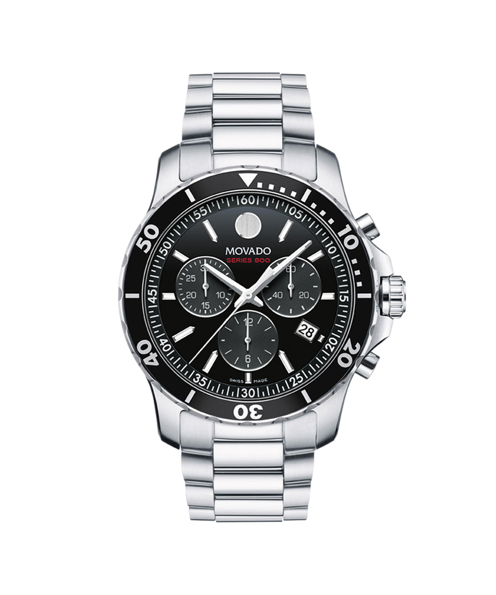 Silver Movado watch with black dial on a white background