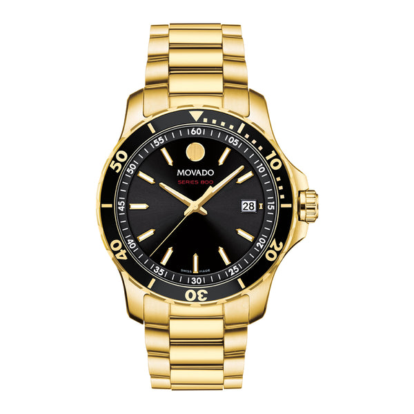 Gold wristwatch with black dial on a white background