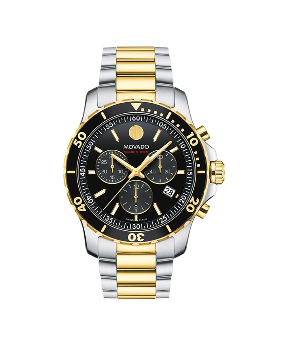 Movado watch with black face and gold accents on a white background