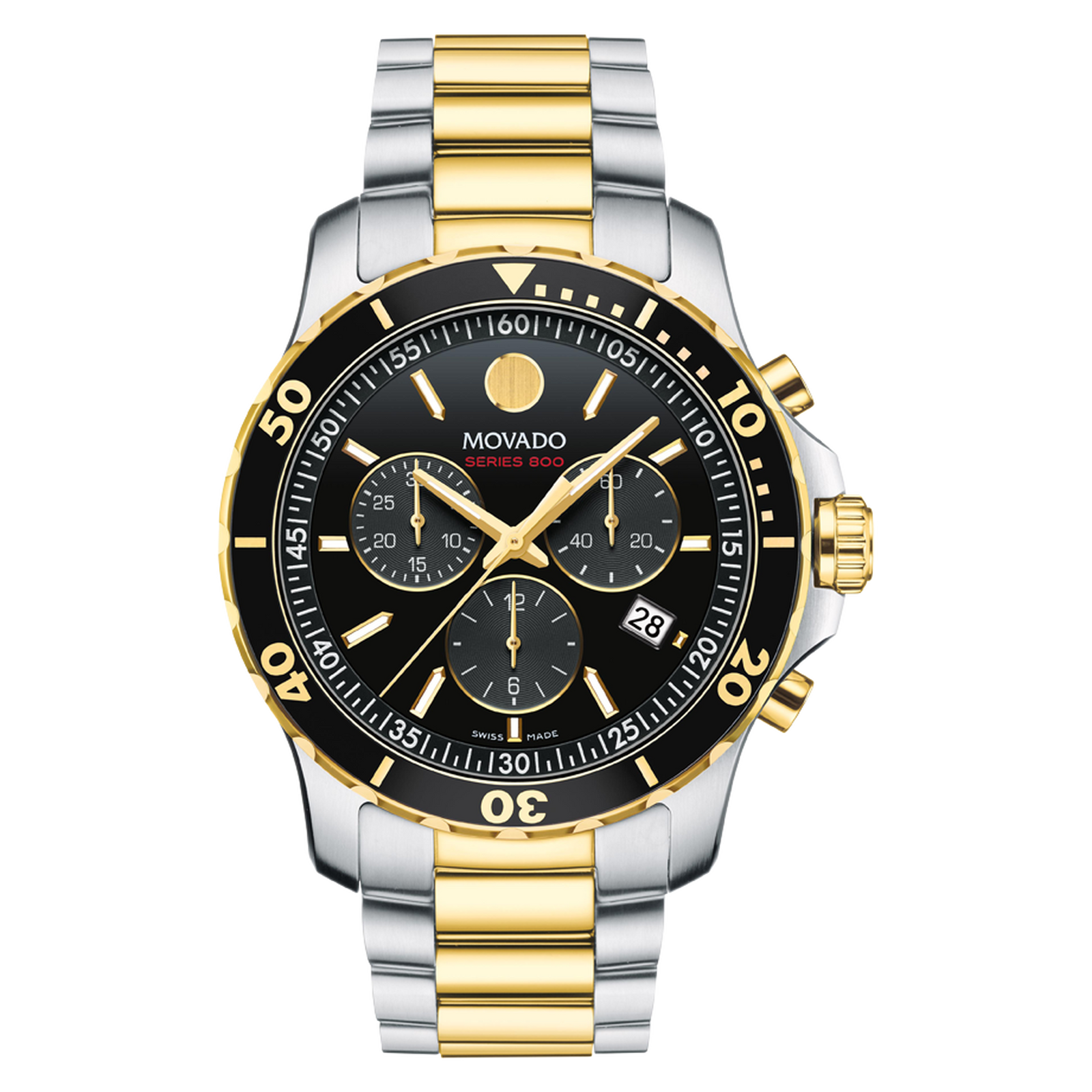 Two-toned Movado watch with black face on a white background