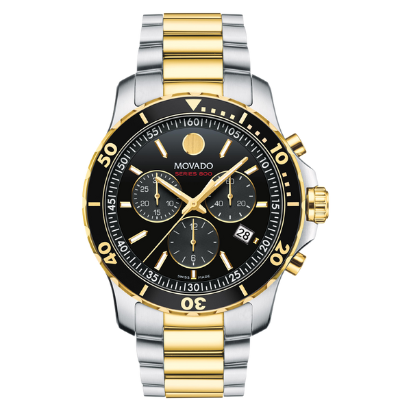 Two-toned Movado watch with black face on a white background