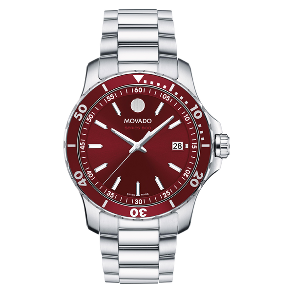 Movado watch with red dial and silver bracelet on a white background