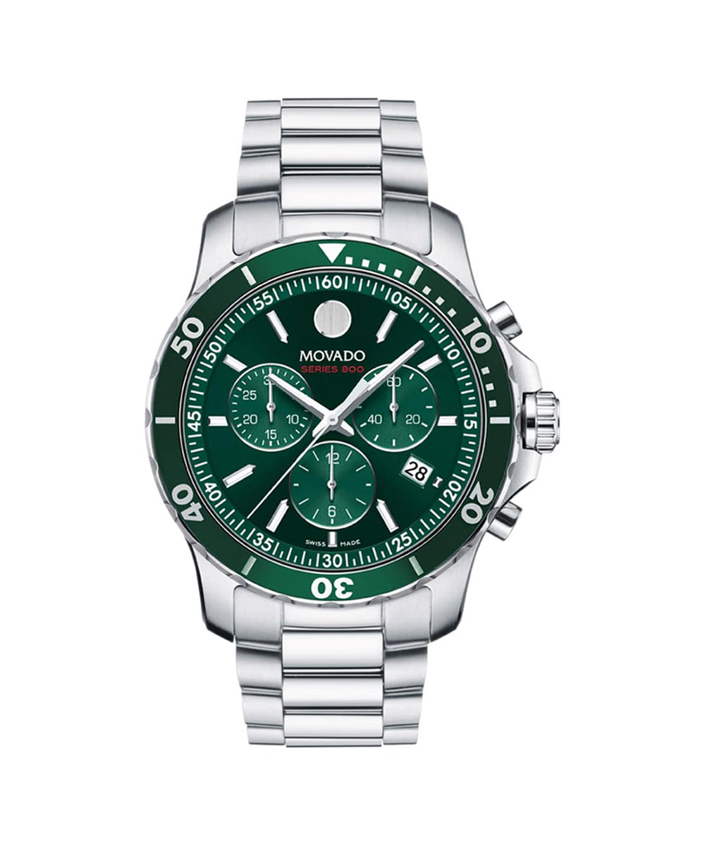 Movado watch with green dial and silver bracelet on a white background