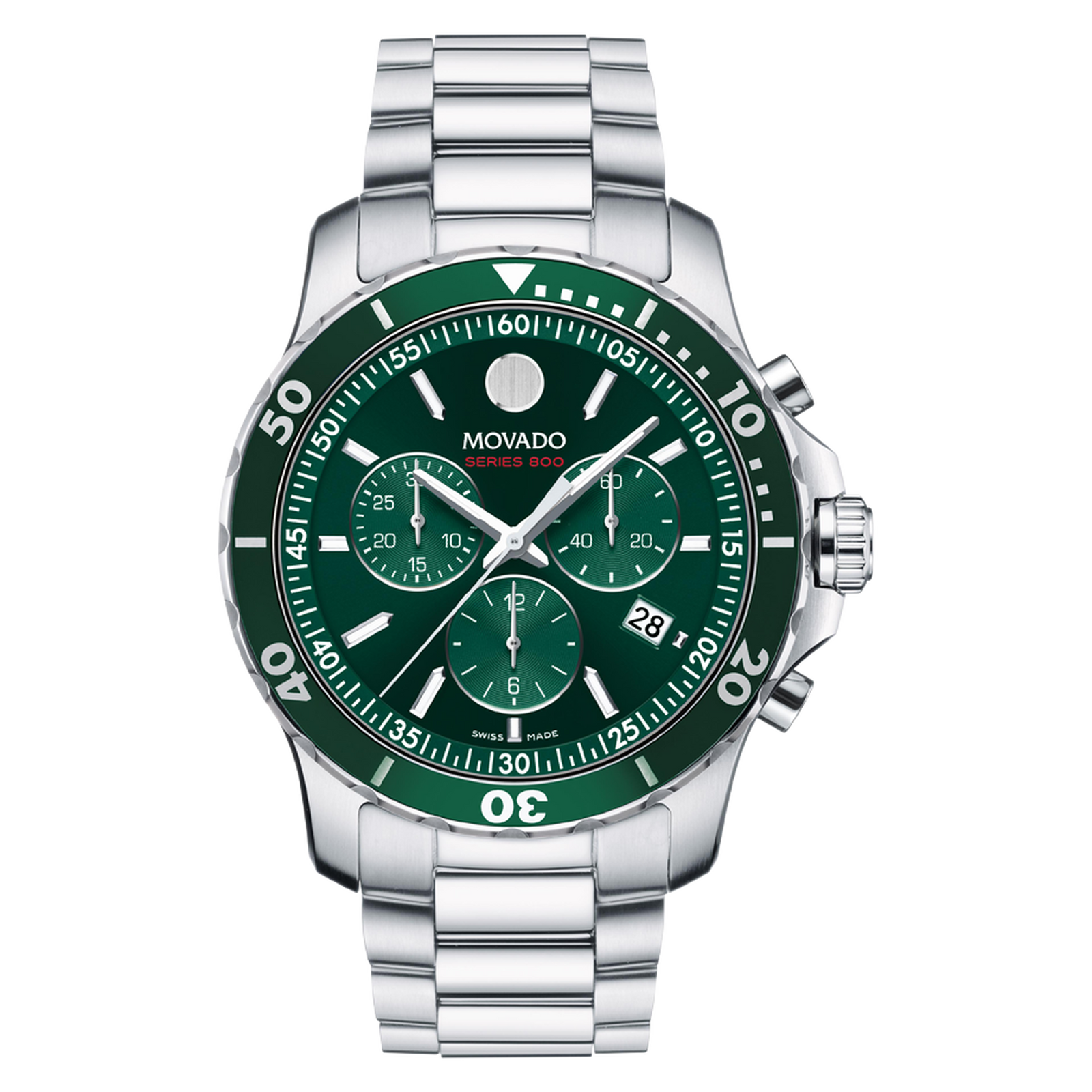 Movado watch with green face and silver bracelet on a white background