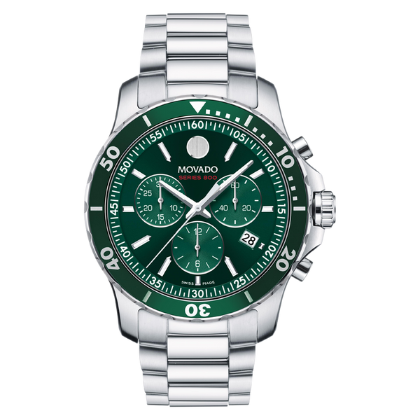 Movado watch with green face and silver bracelet on a white background
