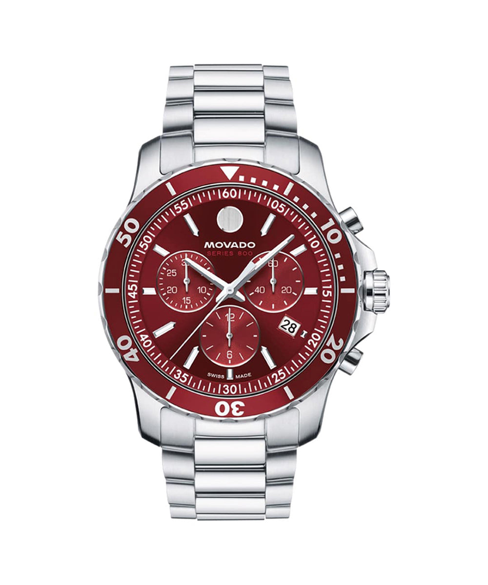 Movado watch with red face and silver bracelet on a white background