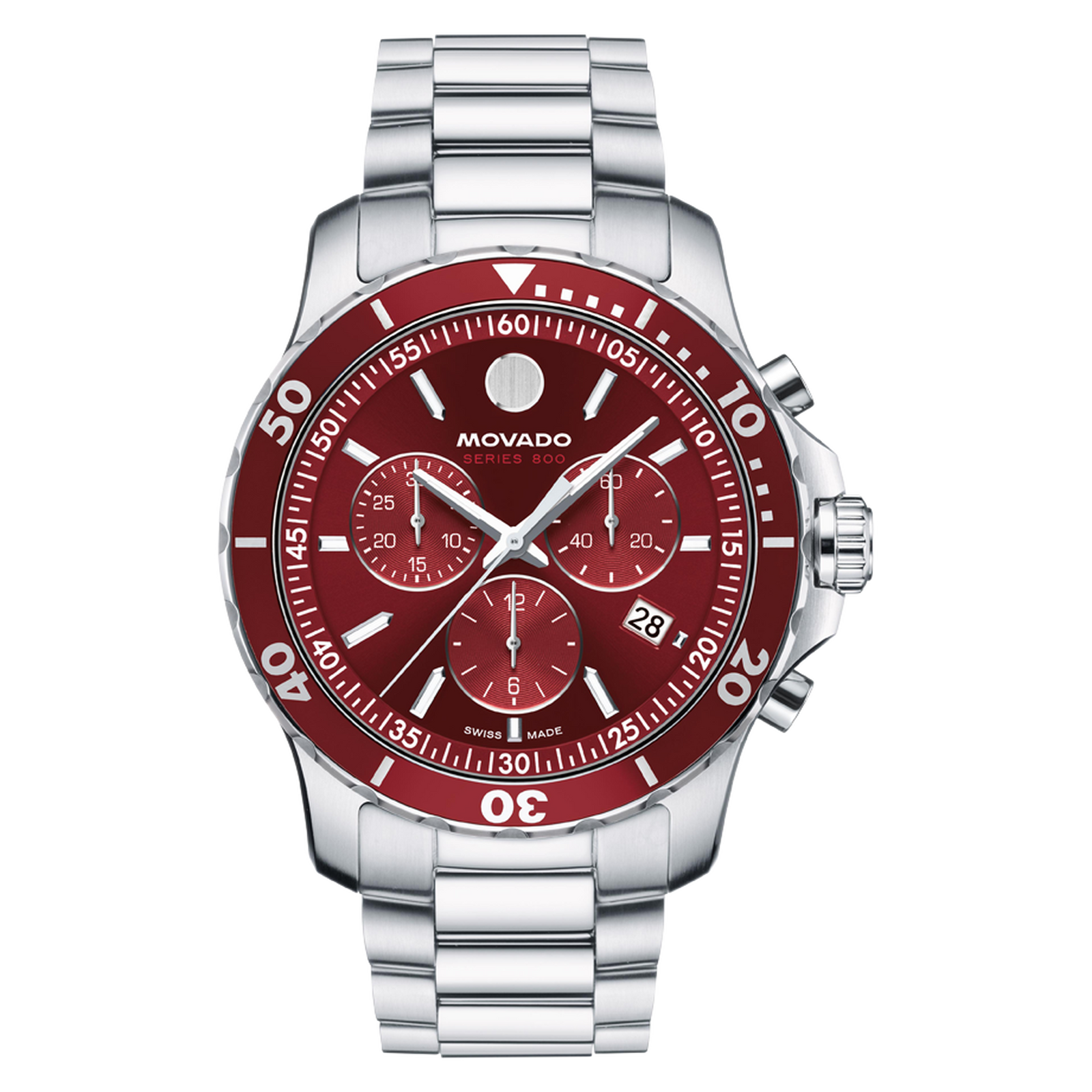 Movado watch with red face and silver bracelet on a white background