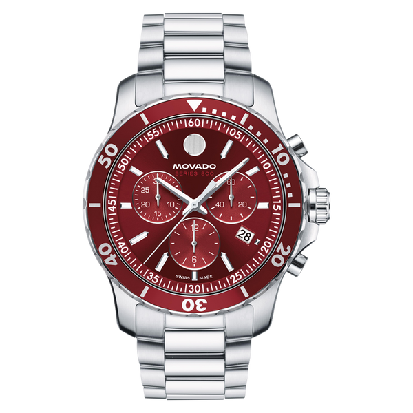 Movado watch with red face and silver bracelet on a white background