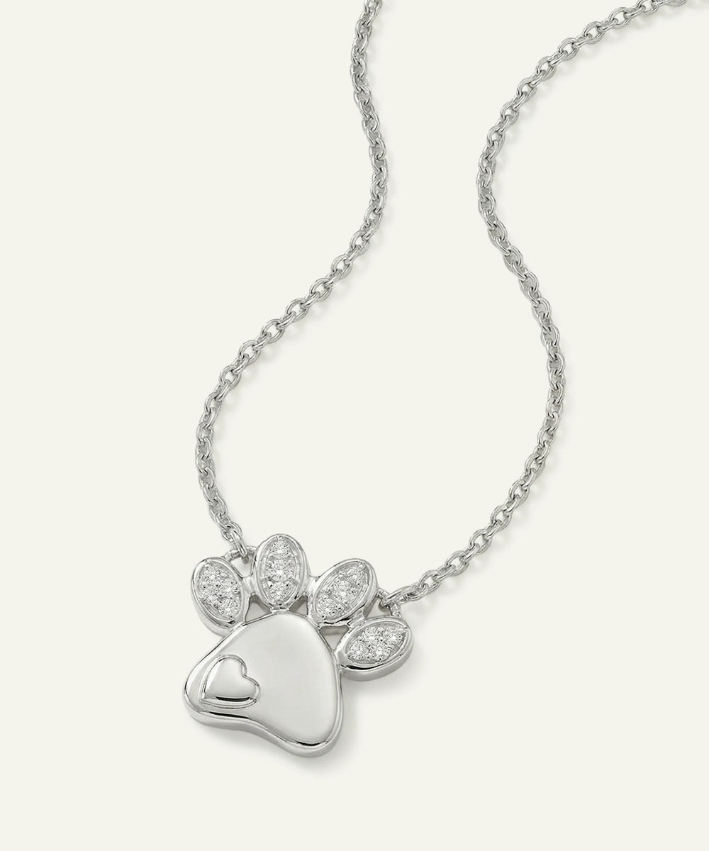 Silver necklace with a paw-shaped pendant on a white background