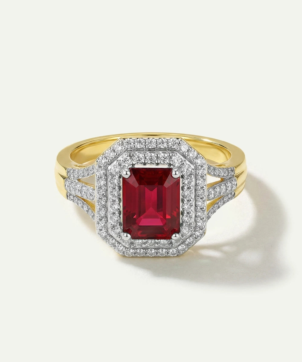 Aanika V. Ruby & Diamond Emerald-Cut Halo Split Shank Ring