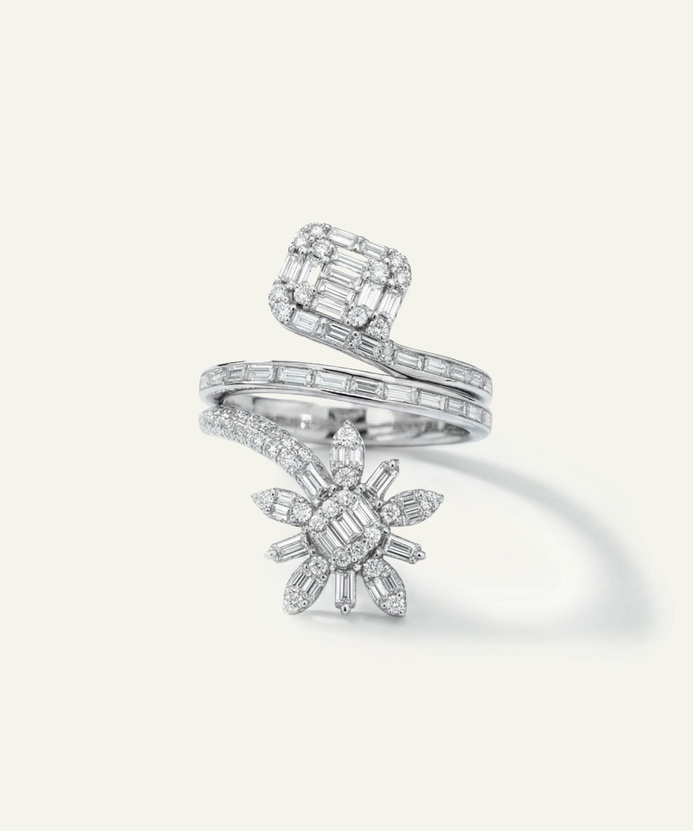 Two diamond rings on a light gray background