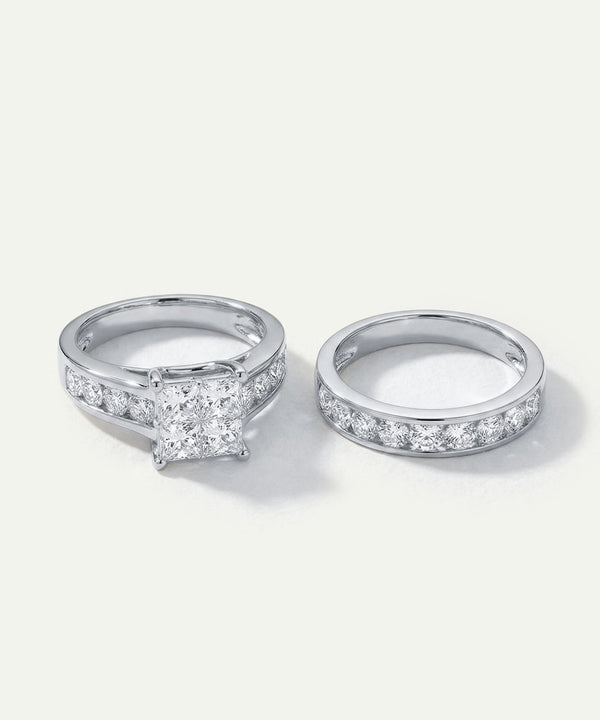 Yellow gold quad princess-cut diamond bridal engagement ring and band set.