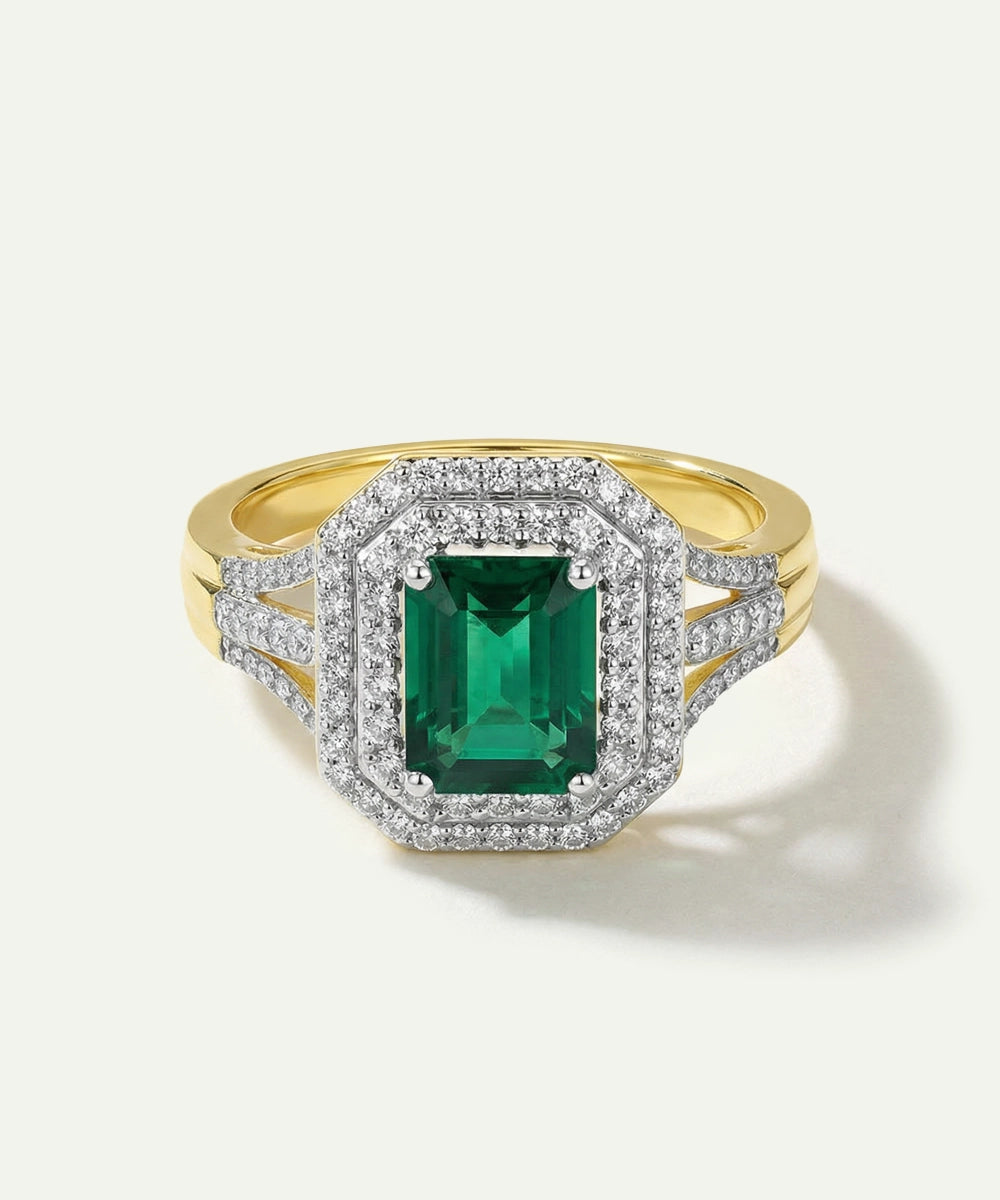 Aanika V.Emerald & Diamond Emerald-Cut Halo Split Shank Ring - 0.75 Ct. T.W.
