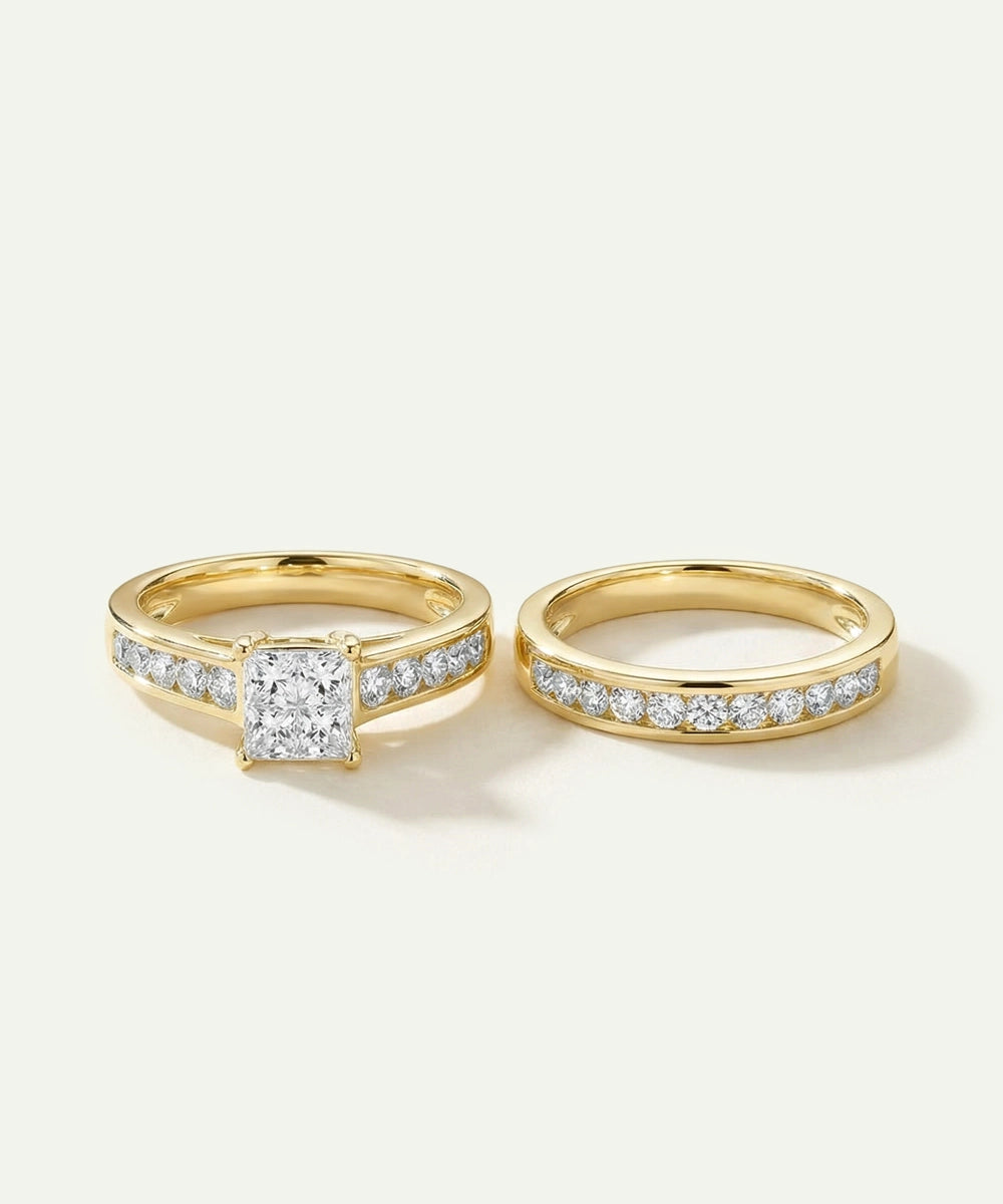 Two gold rings with diamond accents on a white background