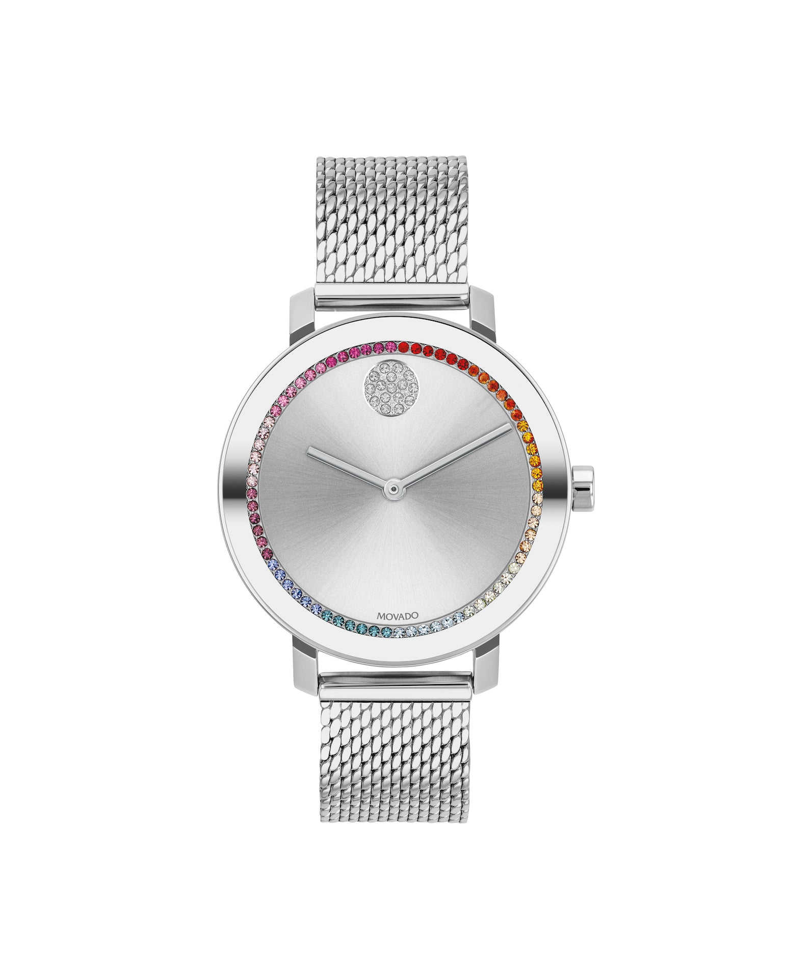 Silver watch with a colorful gemstone-studded face on a white background