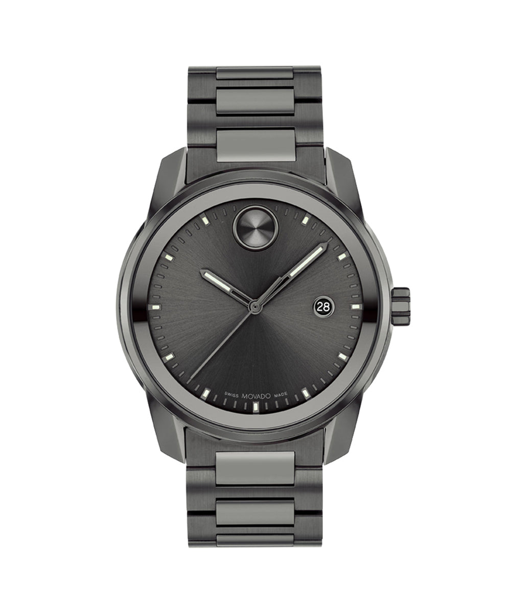 Gray wristwatch with a metallic band on a white background