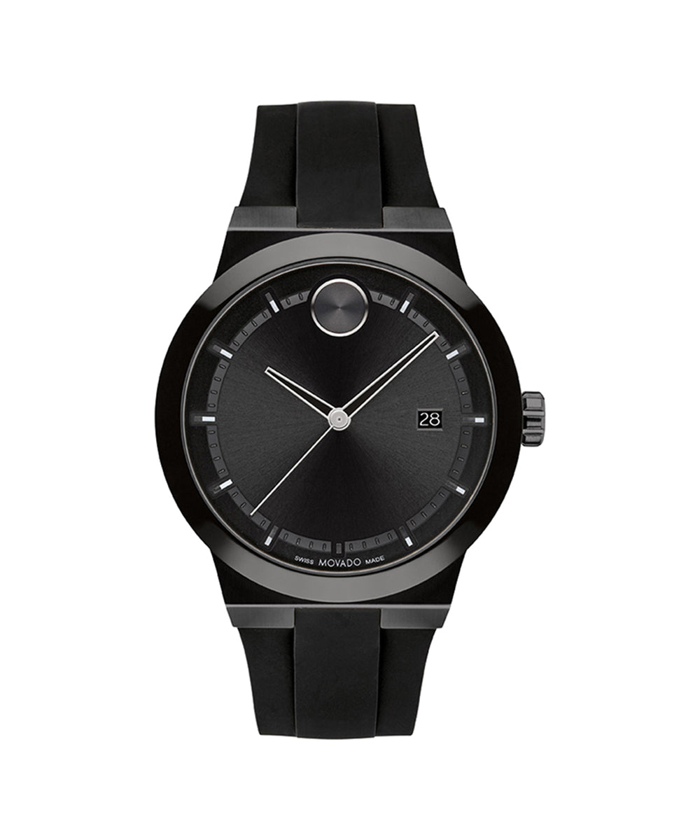 Black wristwatch with a detailed face on a white background