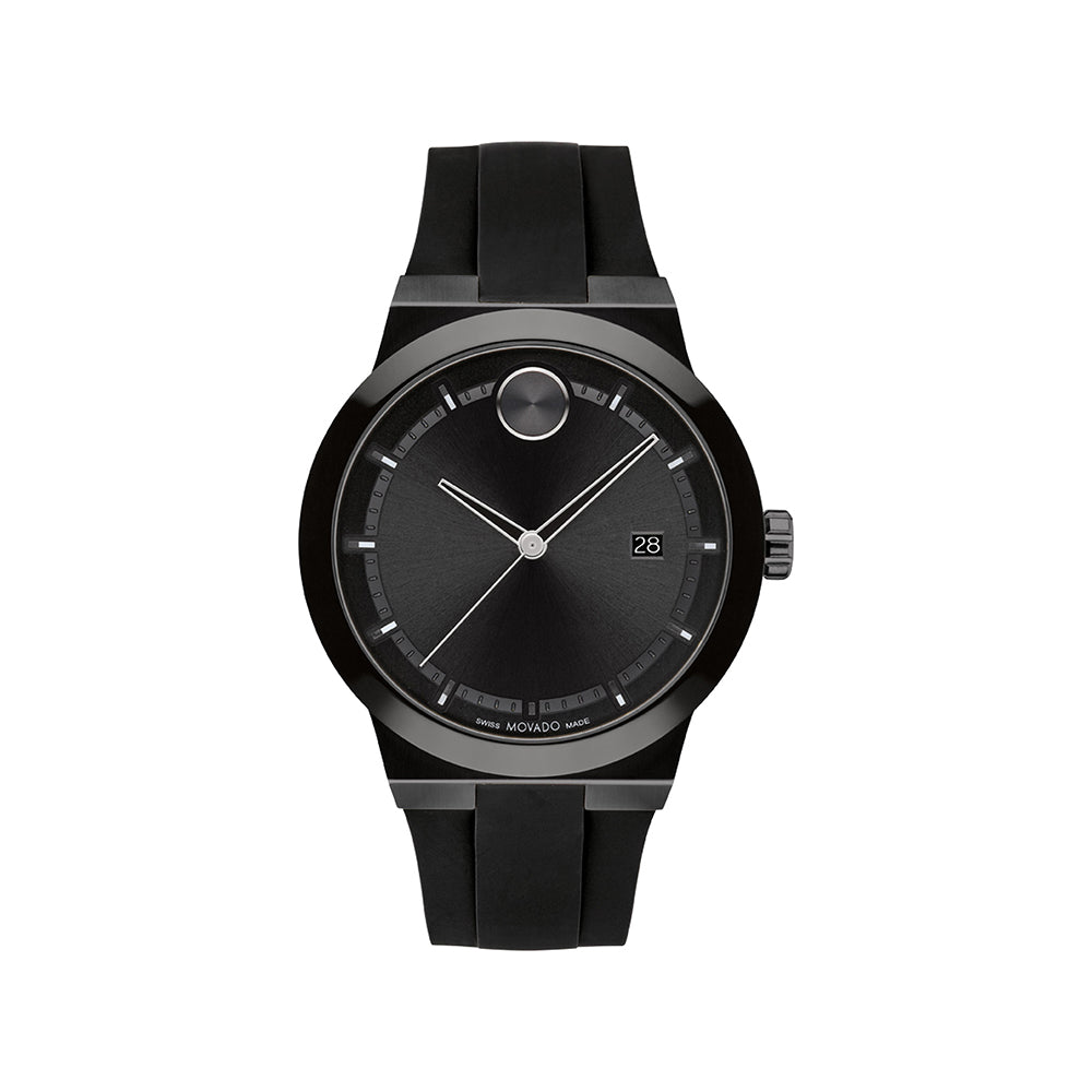 Black wristwatch with a date display on a white background