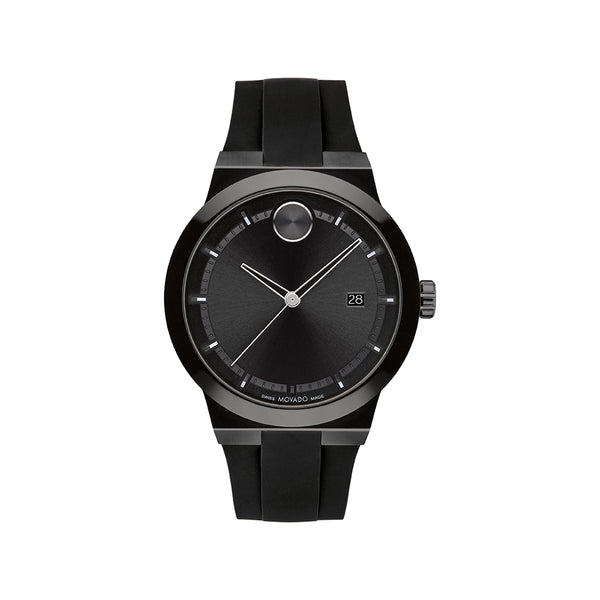Black wristwatch with a date display on a white background