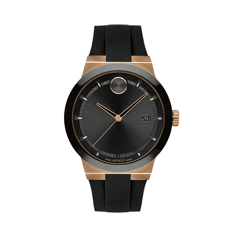 Black and rose gold watch with black strap on a white background