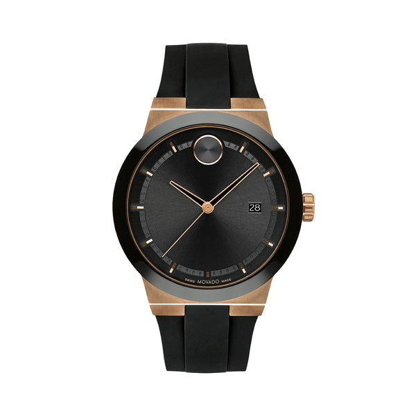 Black and rose gold watch with black strap on a white background