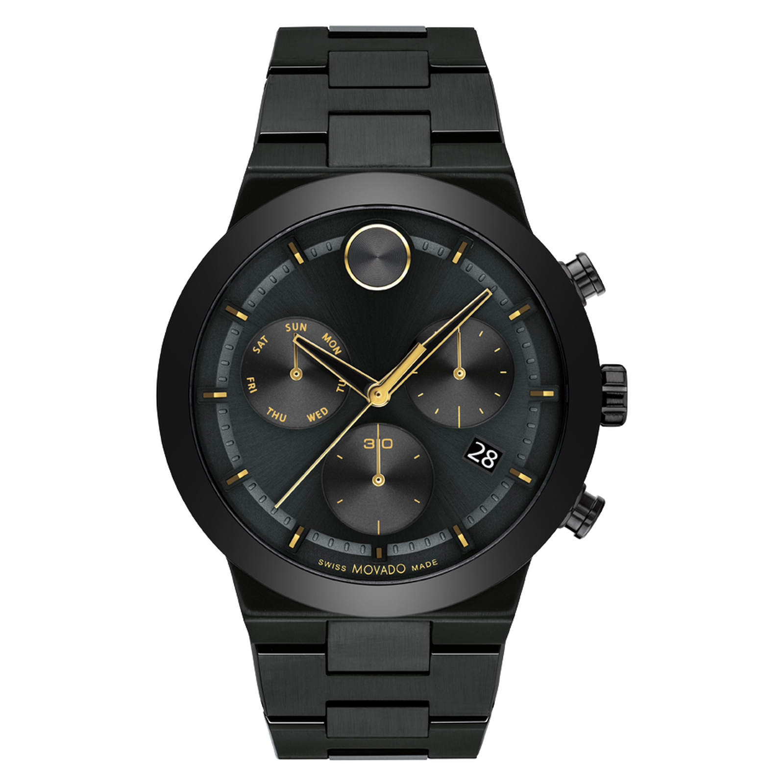 Black wristwatch with gold accents on a white background