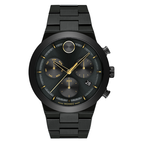 Black wristwatch with gold accents on a white background