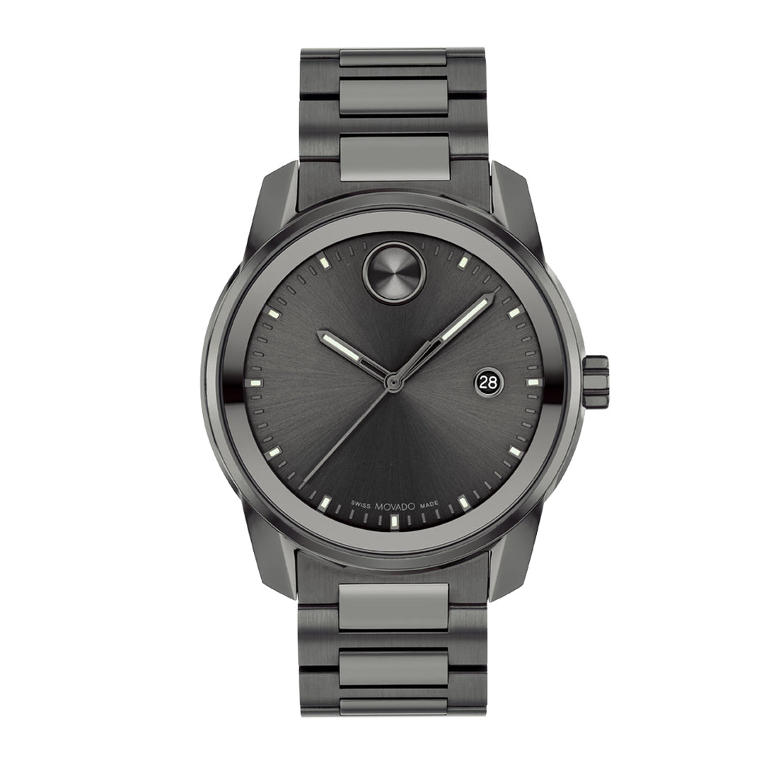 Gray wristwatch with a metallic band on a white background