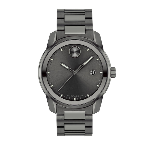 Gray wristwatch with a metallic band on a white background
