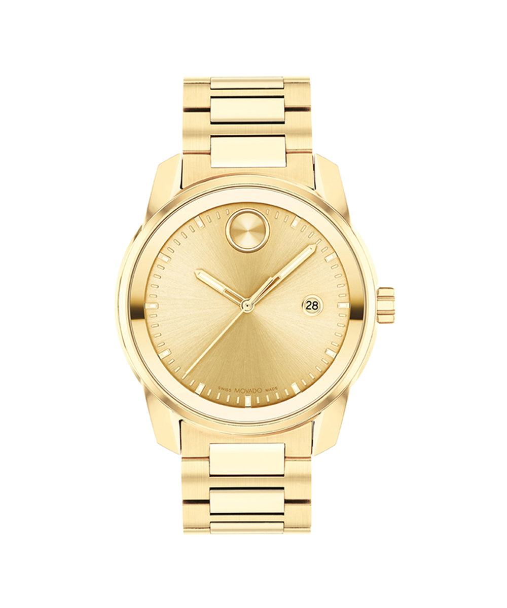 Gold wristwatch with a white background