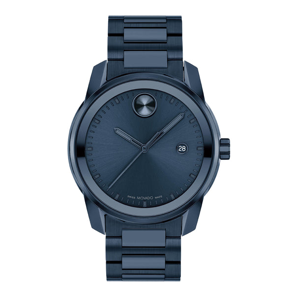 Blue wristwatch with a metallic finish on a white background
