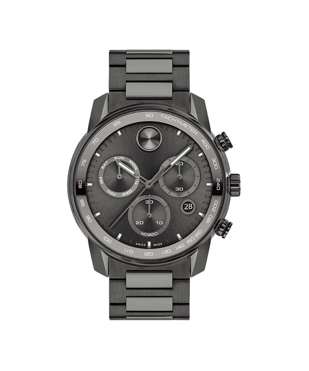 Black wristwatch with detailed face on a white background