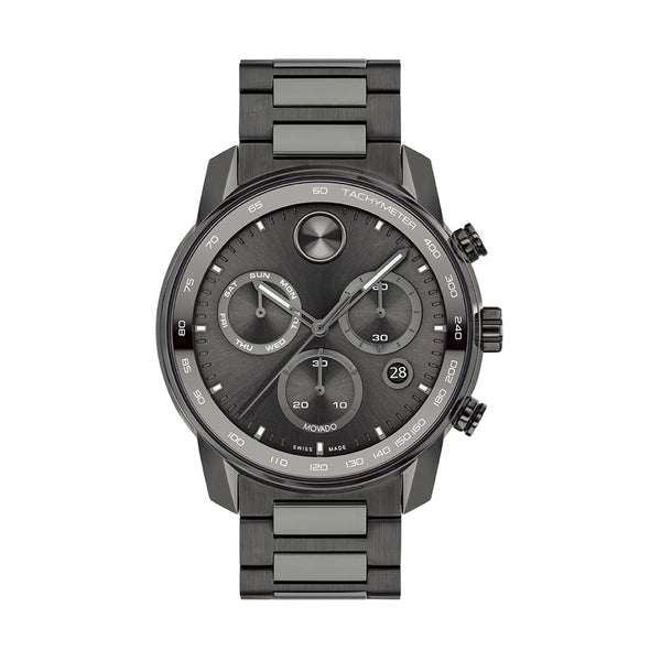 Black wristwatch with detailed face on a white background