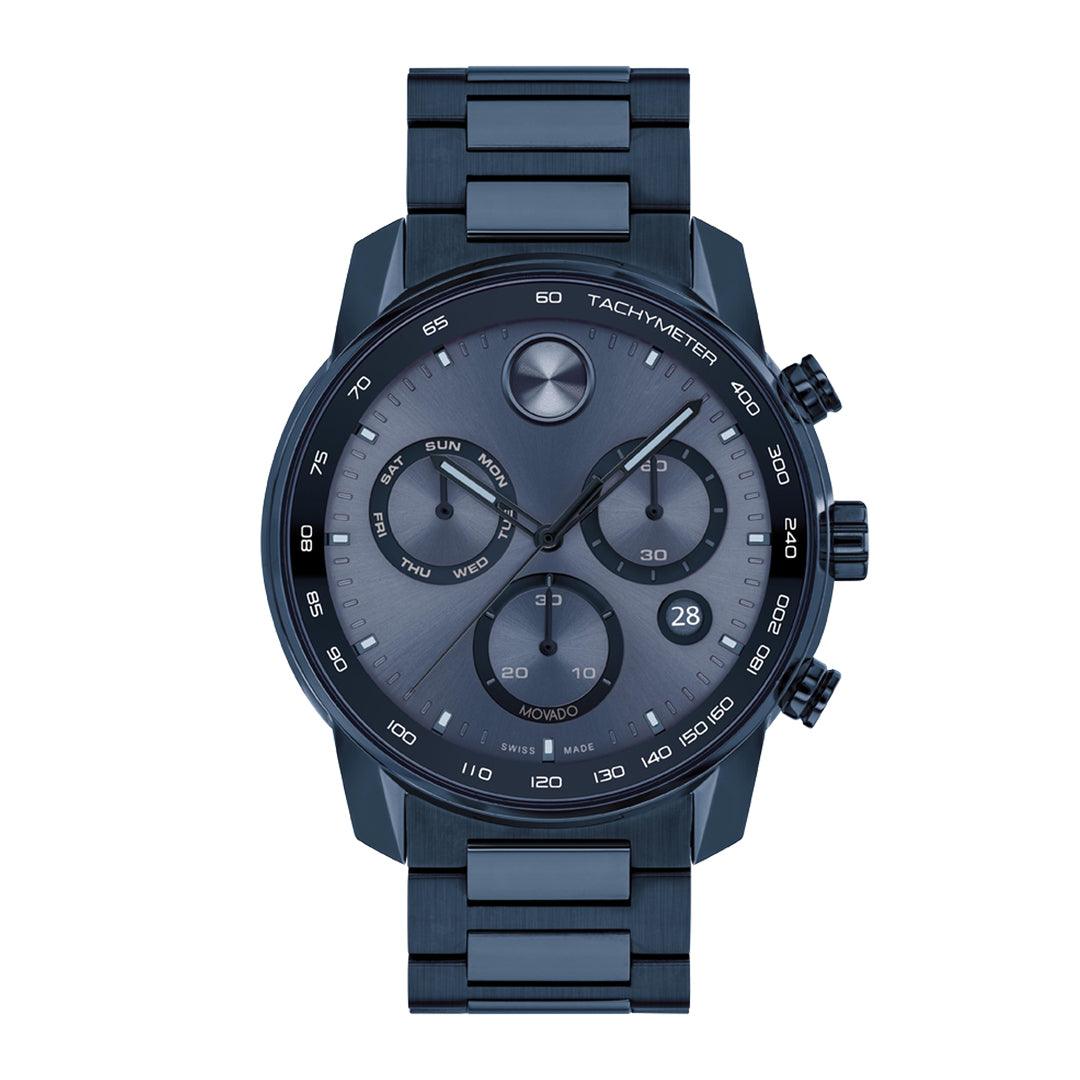 Blue wristwatch with detailed face on a white background