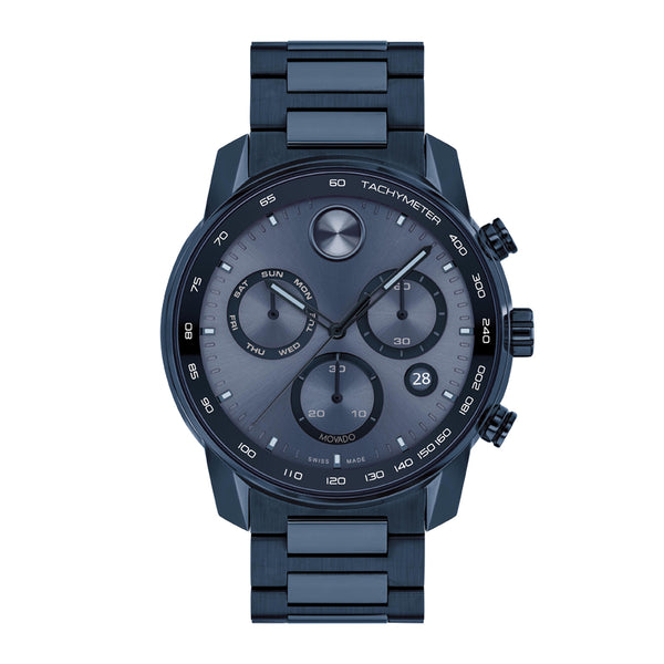 Blue wristwatch with detailed face on a white background