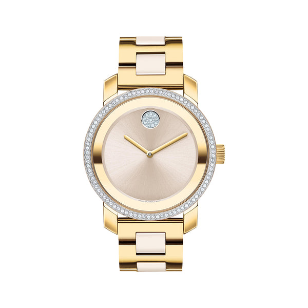 Gold watch with a beige face on a white background