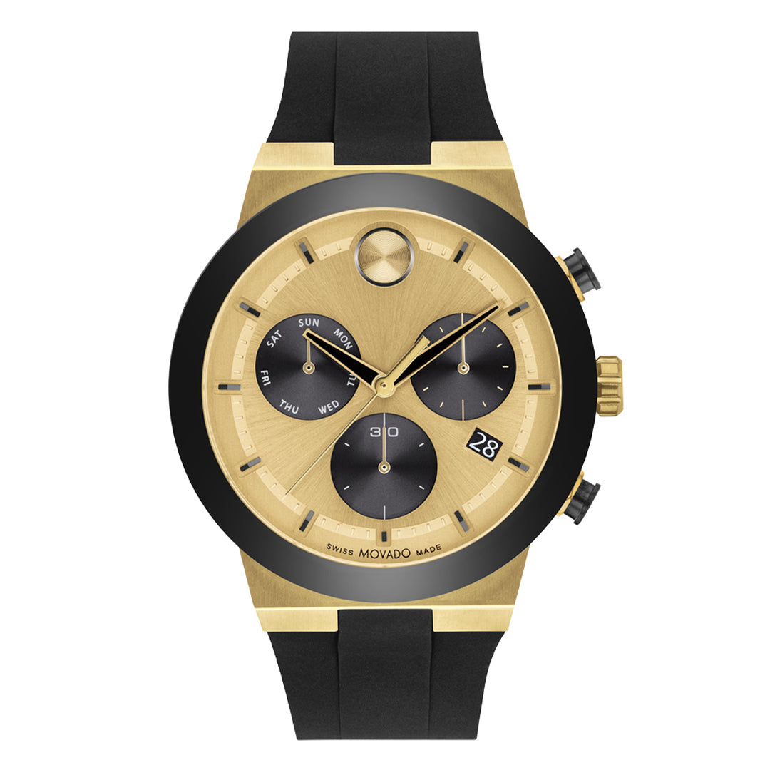 Gold and black watch with a white background