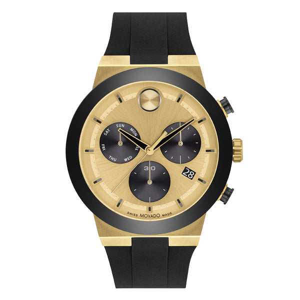 Gold and black watch with a white background