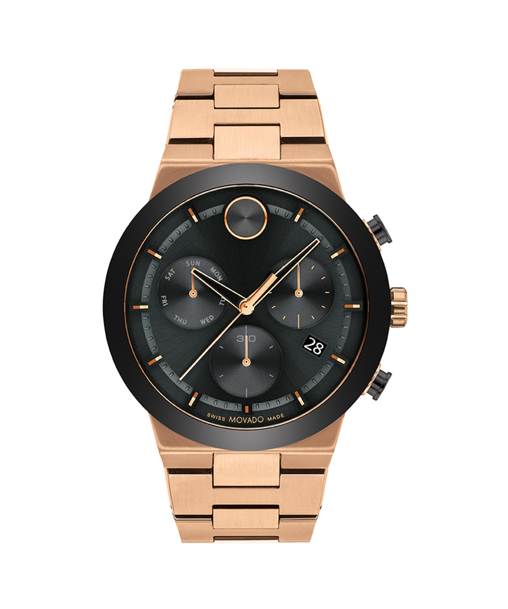 Rose gold watch with black face on a white background