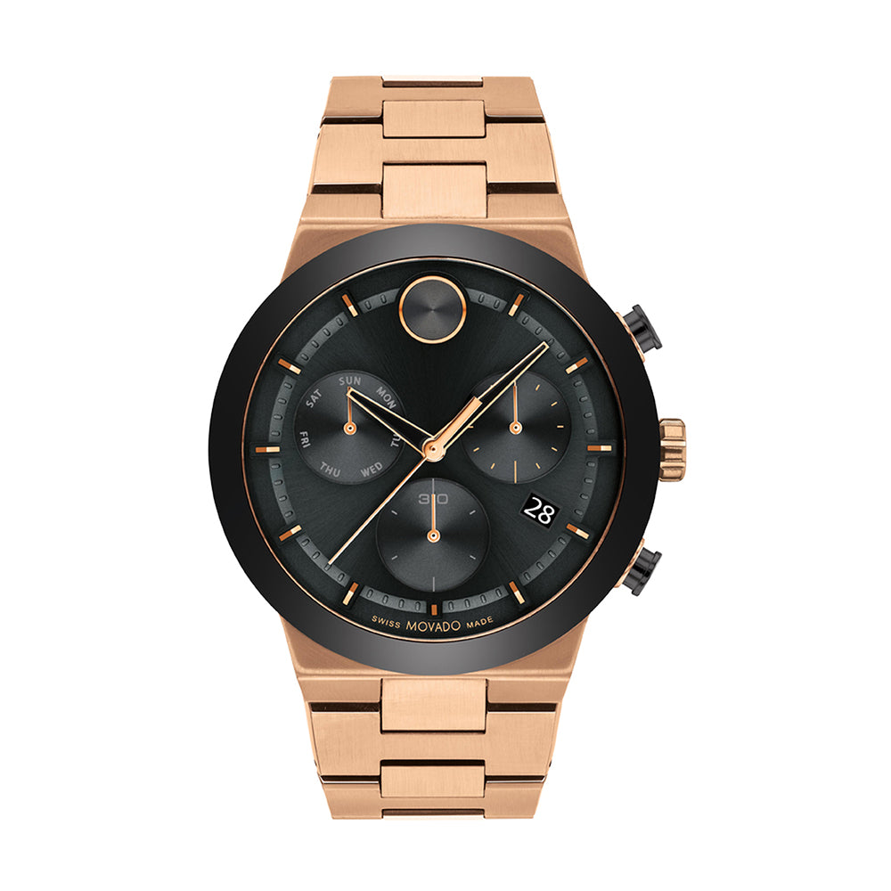 Rose gold watch with black dial on a white background
