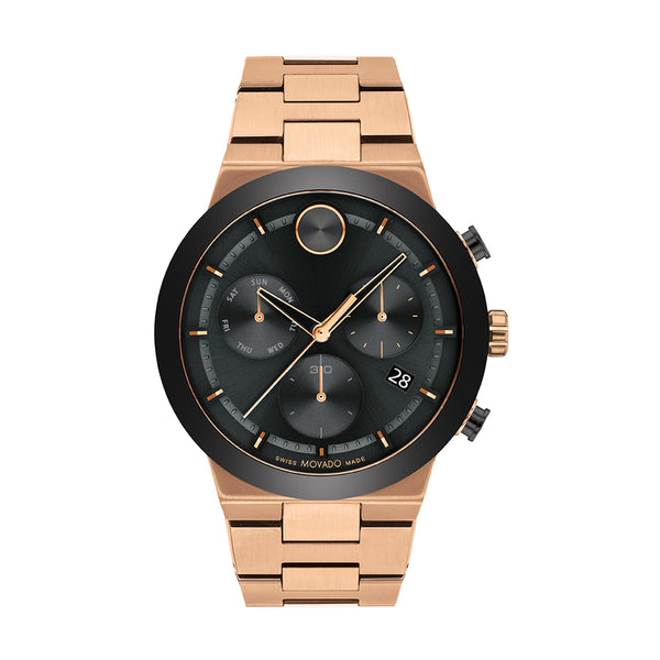 Rose gold watch with black dial on a white background