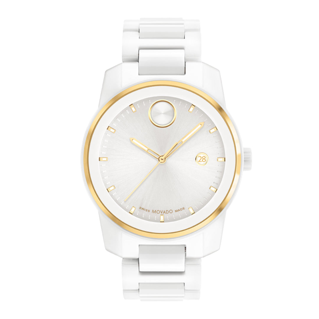 White and gold watch with a white background