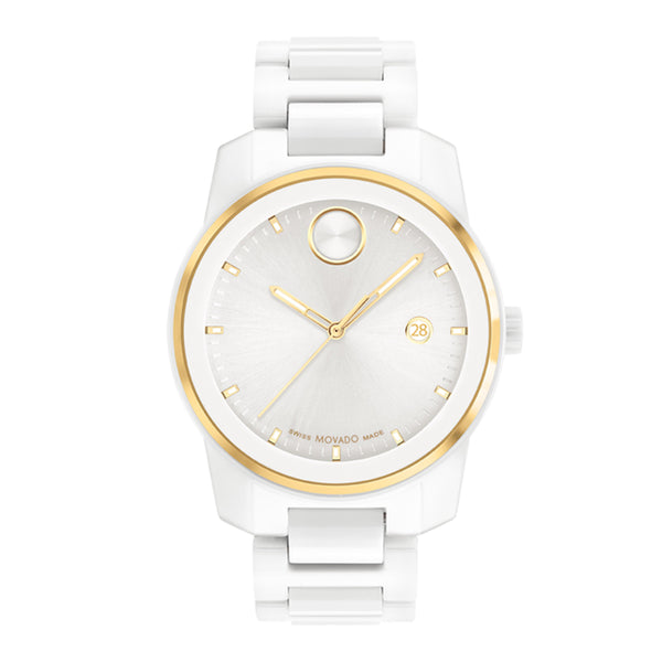 White and gold watch with a white background