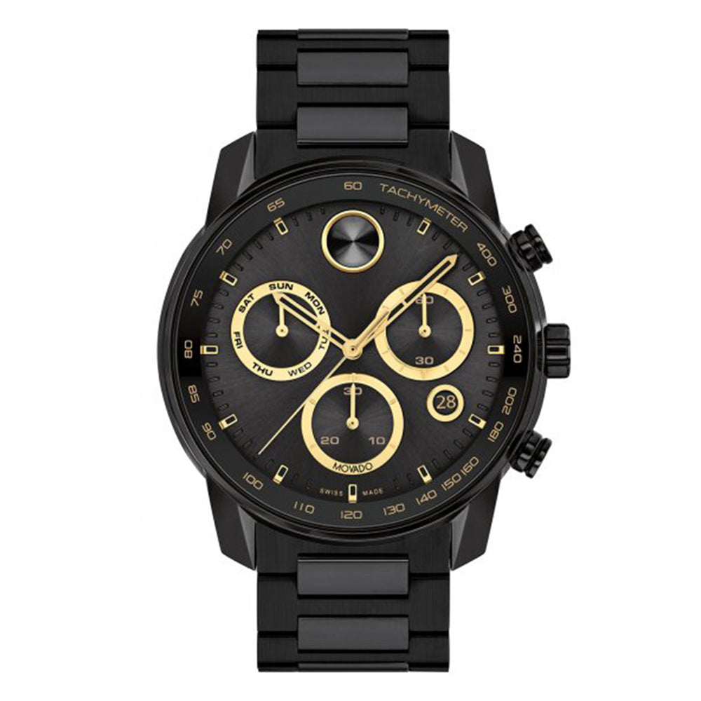 Black and gold watch with detailed face on a white background