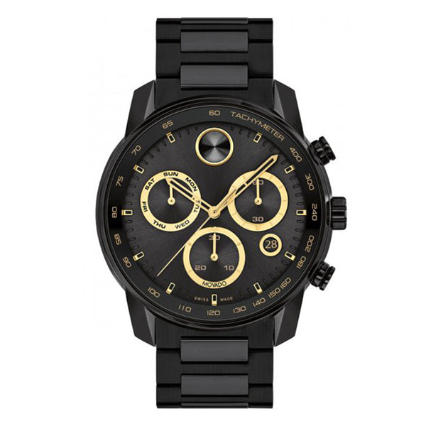 Black and gold watch with detailed face on a white background