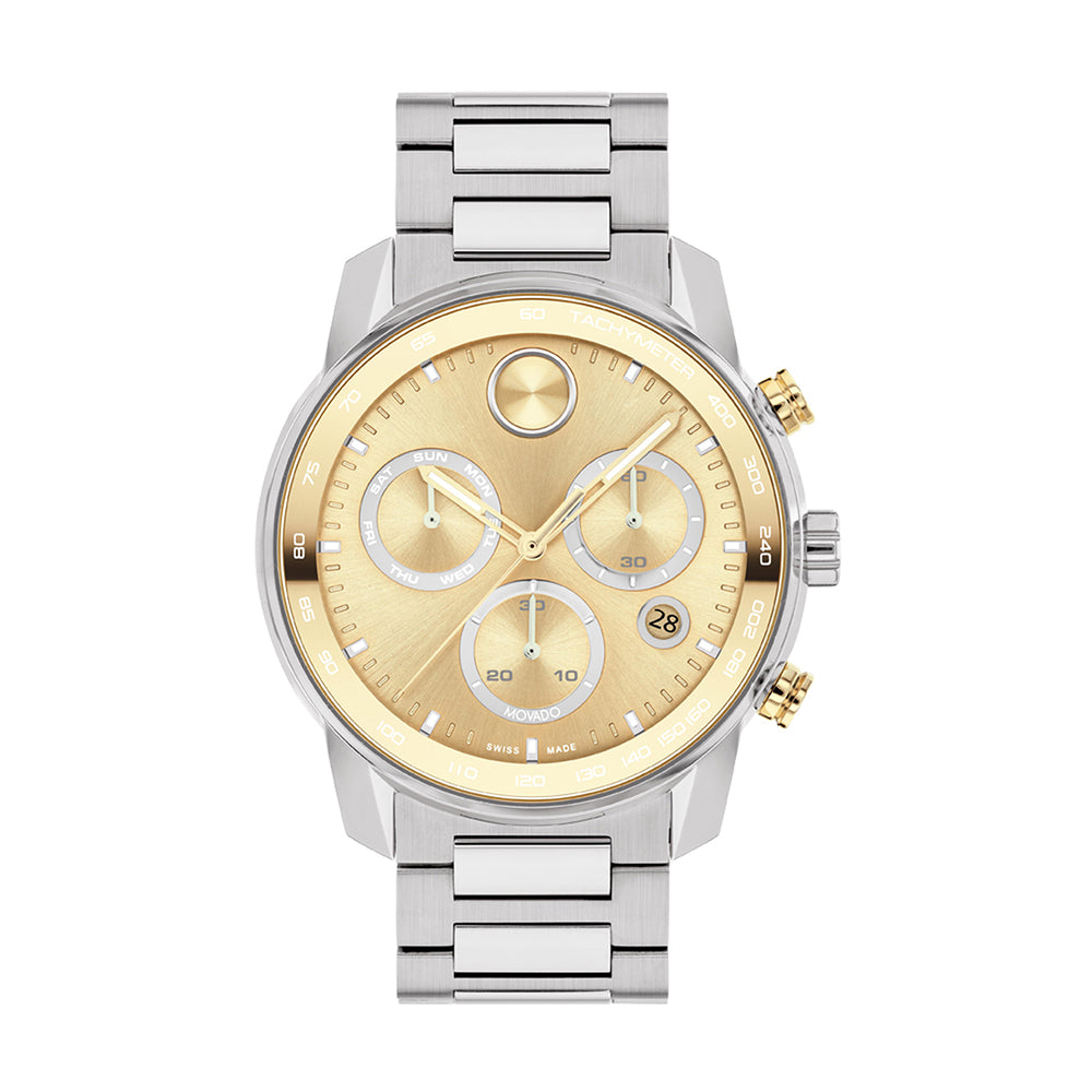 Silver and gold watch with a white background