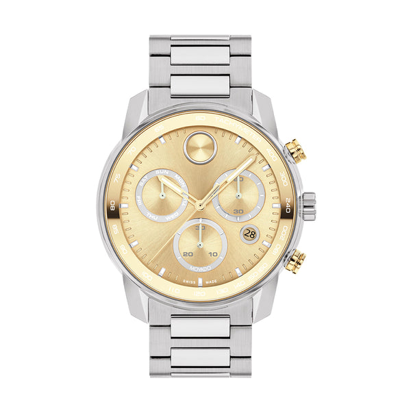 Silver and gold watch with a white background