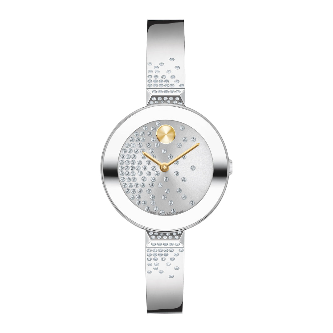 Silver watch with a decorative band on a white background