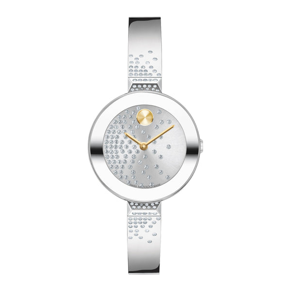 Silver watch with a decorative band on a white background