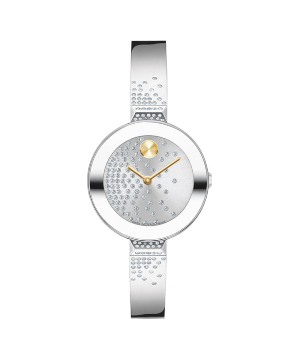 Silver watch with a detailed face on a white background